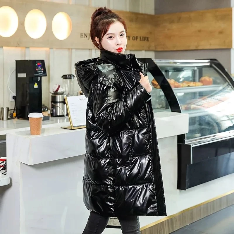 

2025 New Cotton Jacket Women's Fashion Hooded Glossy Thicken Loose Bread Clothes Coat Female Medium Length Warm Parker Overcoat