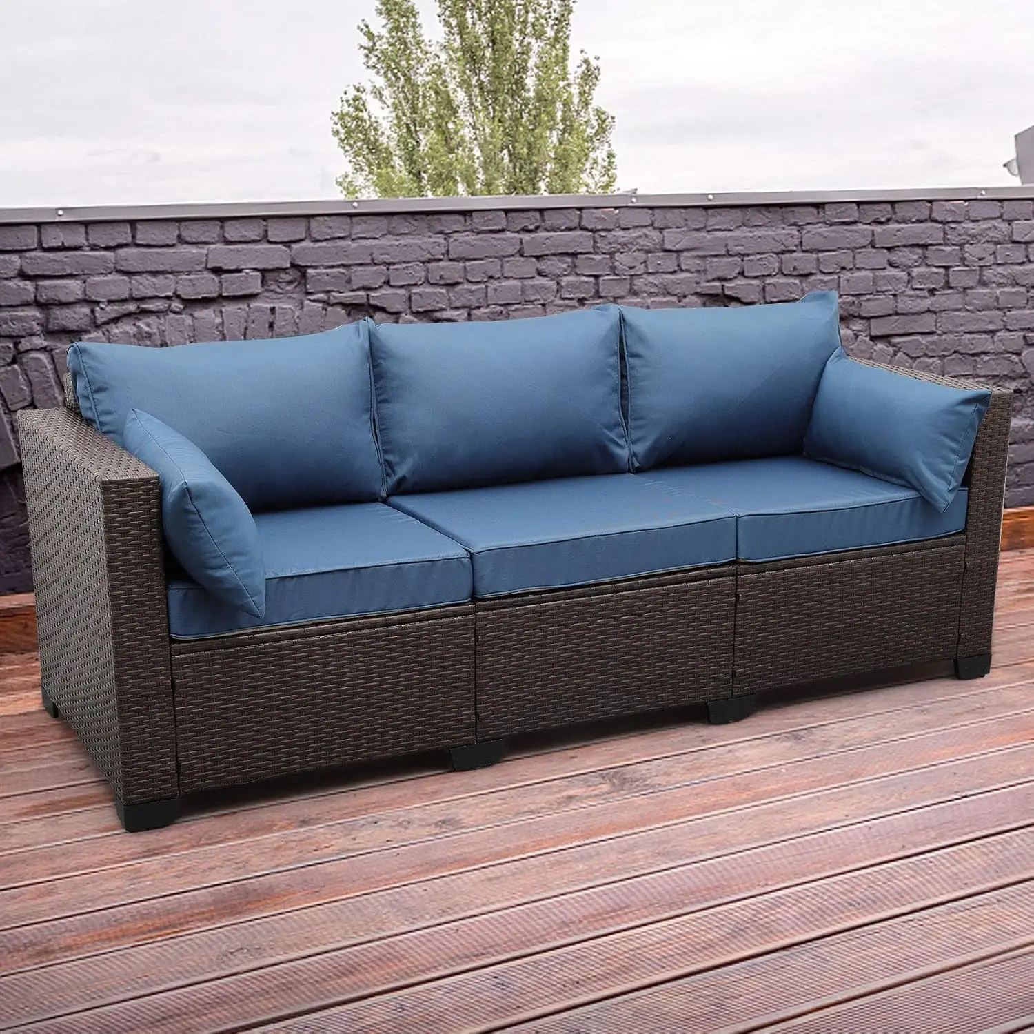 3-Seat Patio Wicker Sofa, Outdoor Rattan Couch Furniture Steel Frame