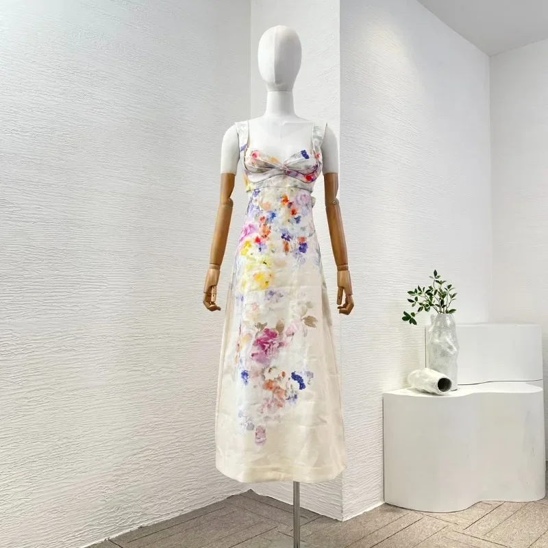 Multicolor Floral Print Sleeveless Backless Cut Out Waist Midi Dress 2025