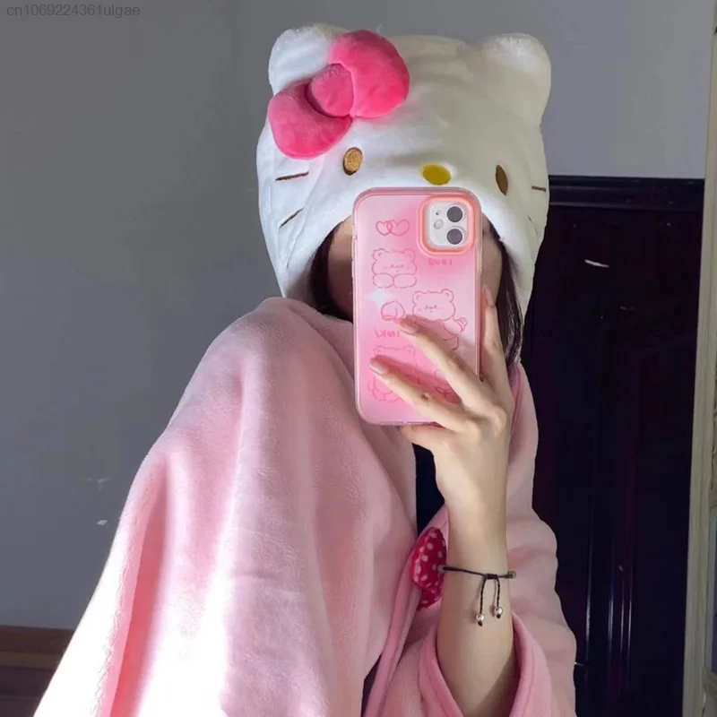 Sanrio Hello Kitty สีชมพูผ้าคลุมไหล่ Hooded Y2k Kawaii Soft Plush ผ้าห่มเล็กผู้หญิงสำนักงานหอพักบ้าน Essential สแควร์ Cape Shawl