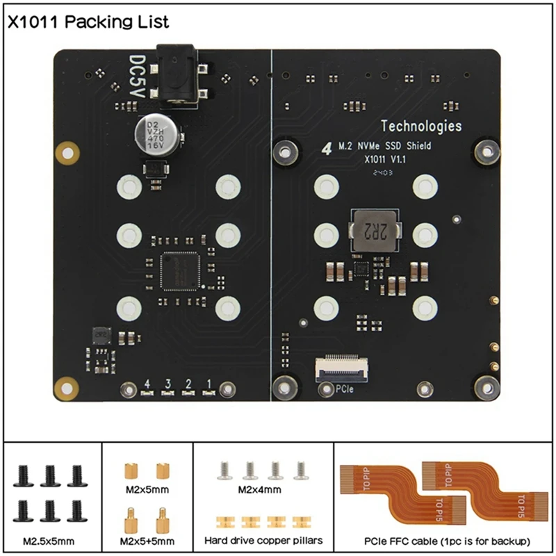 X1011 pcie para m.2 nvme ssd placa de expansão + caso para raspberry pi 5 suporte 4xssd para 2280/2260/2242/2230 m.2 nvme ssd