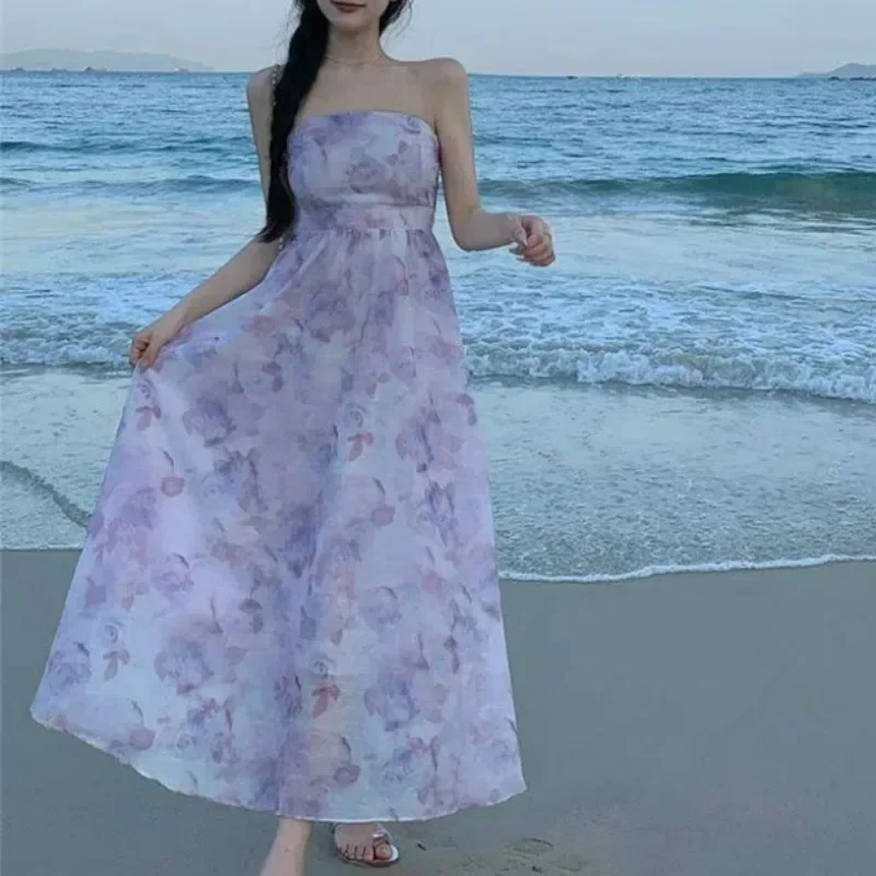 Women Summer Floral Print Sexy Off Shoulder Backless Elegant Party Dresses High Waist Lace-up Sleeveless Slim Beach Maxi Dress