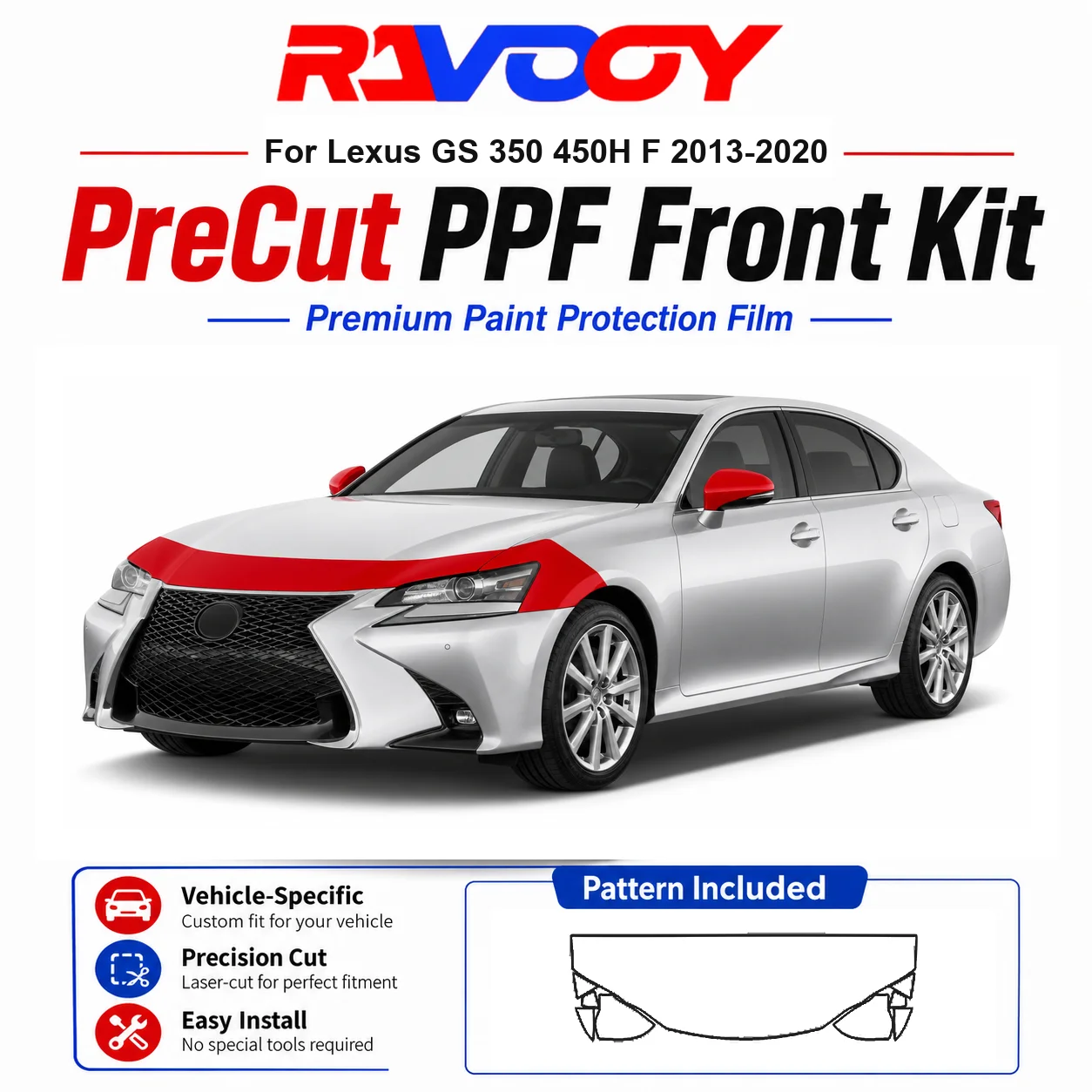 

8.5mil TPU Precut PPF Kit For Lexus GS 350 450H F 2013-2020 - Hood, Fenders & Mirror Set - Self-Healing Clear Bra Film