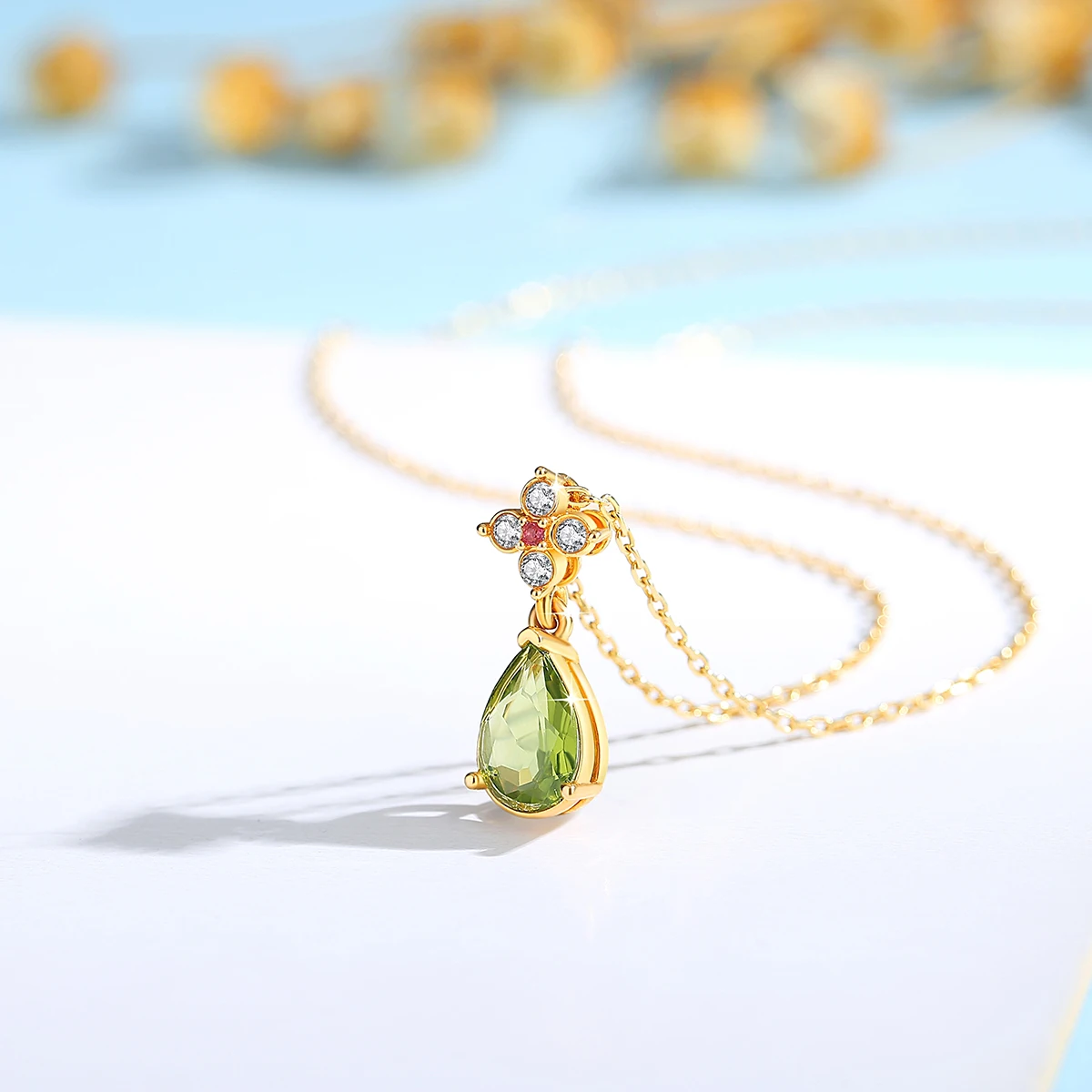 Szjinao 100% 18K Gold Peridot Necklace 7*10mm Natural Stone Teardrop K Gold Pendant Wedding Jewelry For Women With Certified New