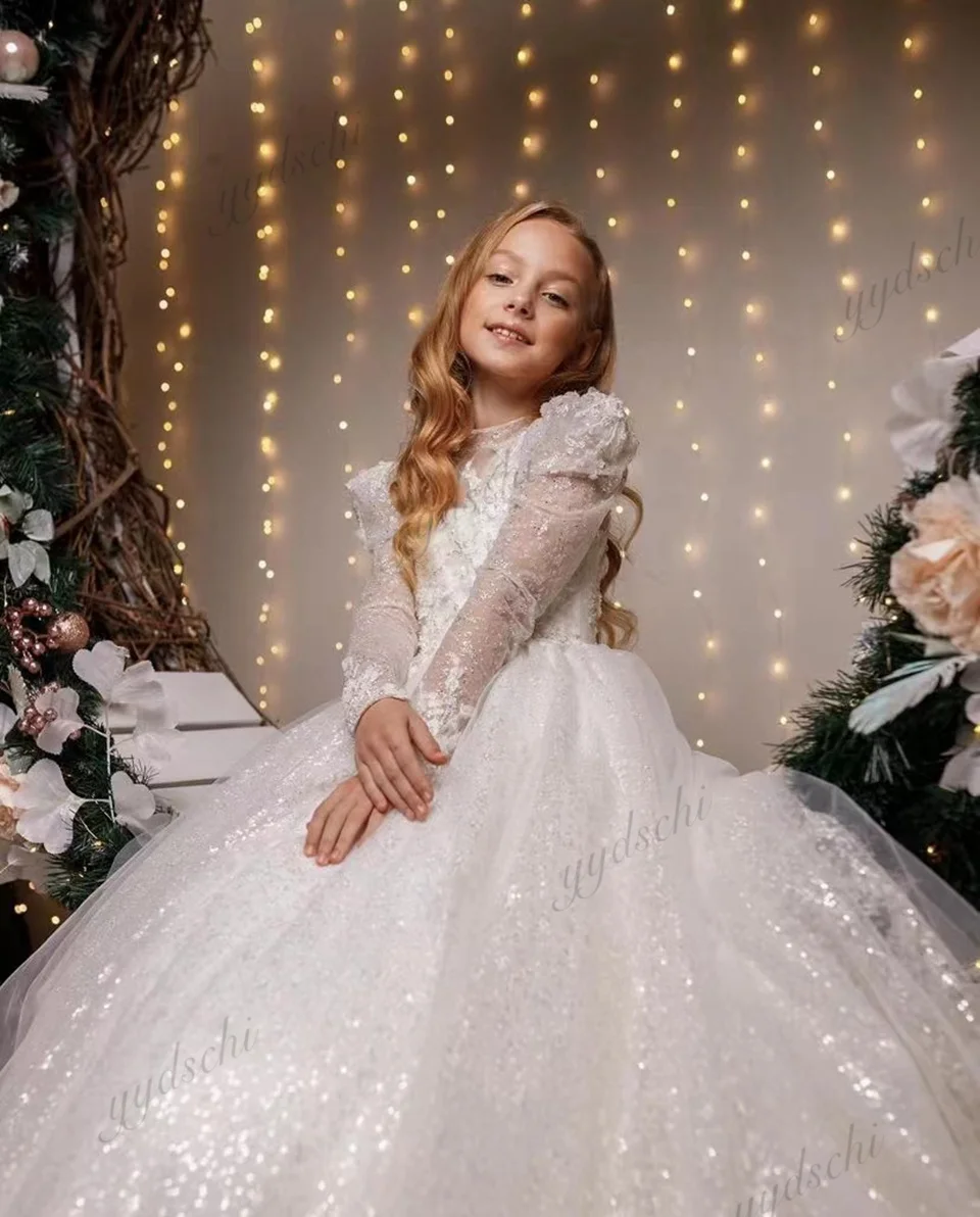 맞춤형 화려한 소녀 드레스 웨딩 2025 긴 소매 스팽글 장식 아동 생일 파티 첫 성찬식 가운