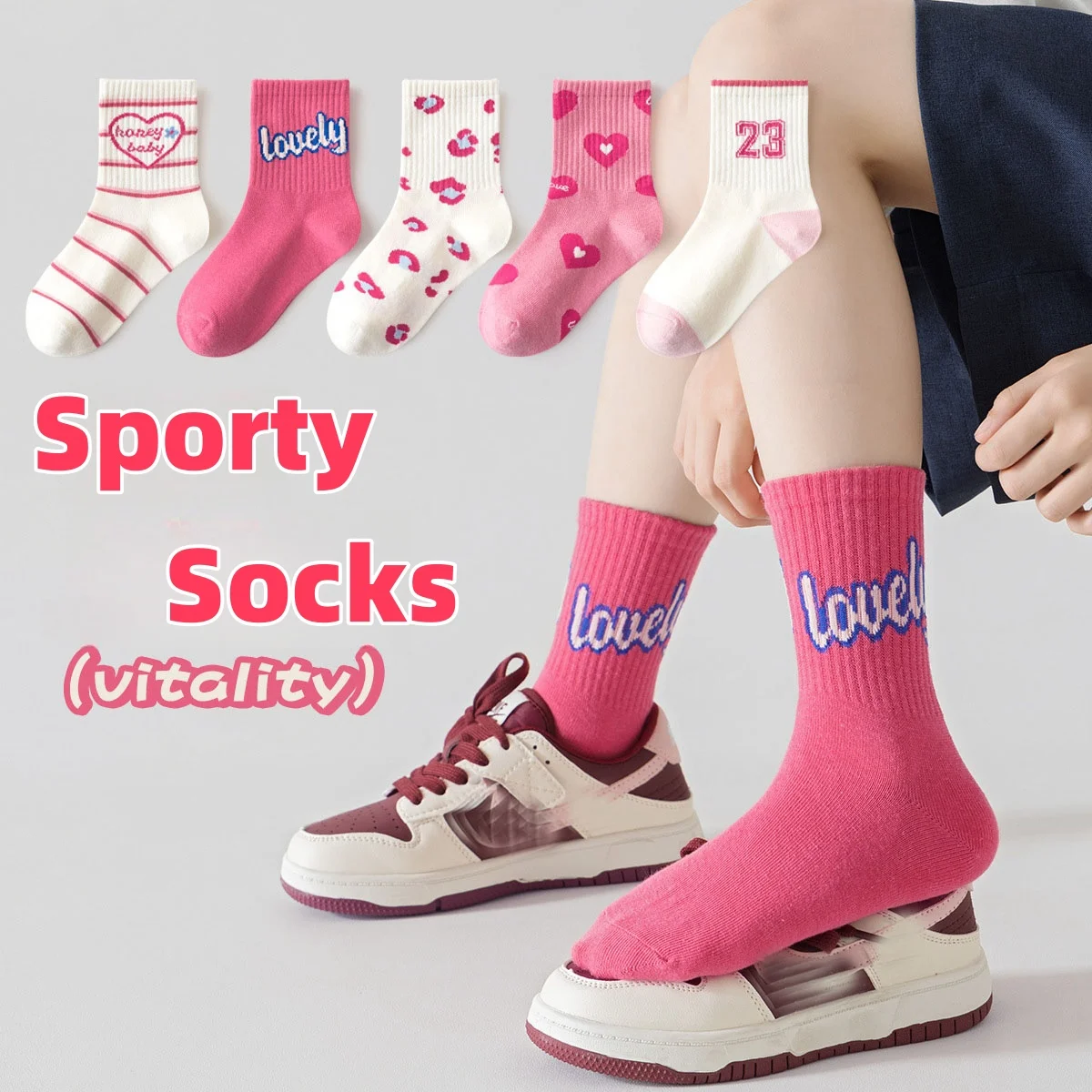 Girls' Socks Spring Autumn Letter Socks Trendy Sporty Medium Socks Size 25-42 Pink Cotton Socks 5 Pairs/lot