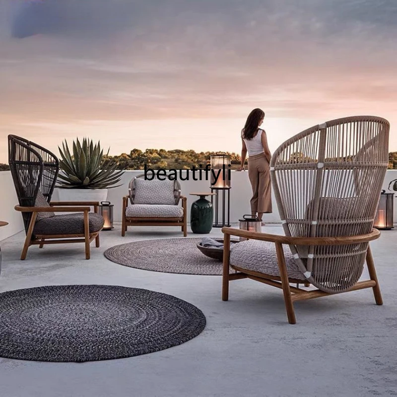 

HJ Sofa Rope Woven Teak Garden Sun Protection Hotel Rattan Chair Single Lazy Recliner Furniture