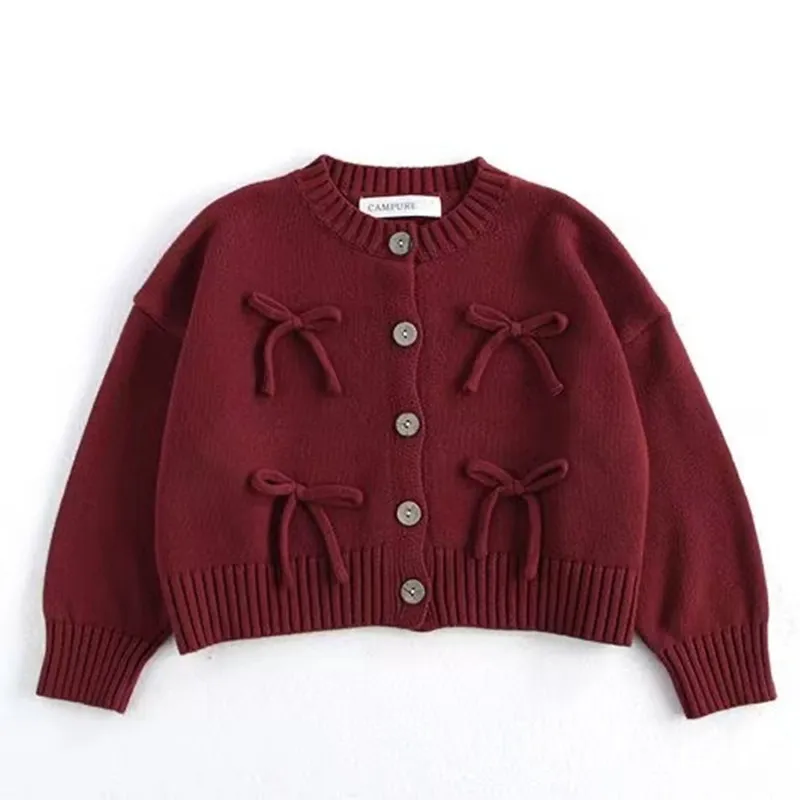 

Girls Knitted Cardigan Sweet Bow Decorated Sweater Autumn Winter Kids Clothes 2026 New