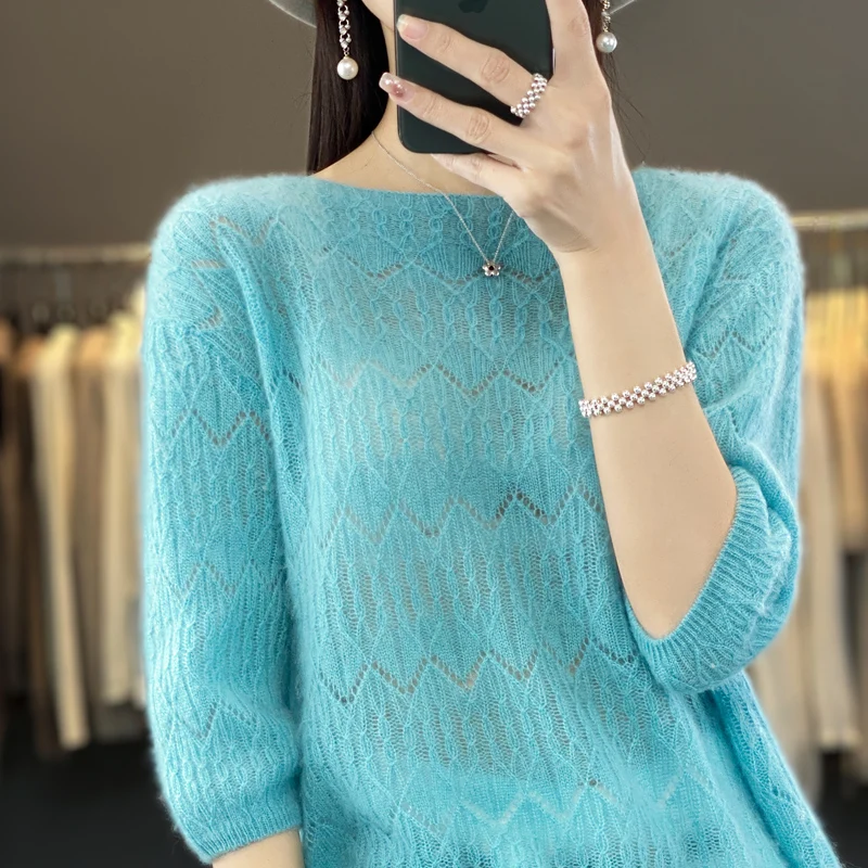 Spring and summer new T-shirt women's O-neck knitted pullover 100% pure wool short-sleeved fashion hollow loose half-sleeve top