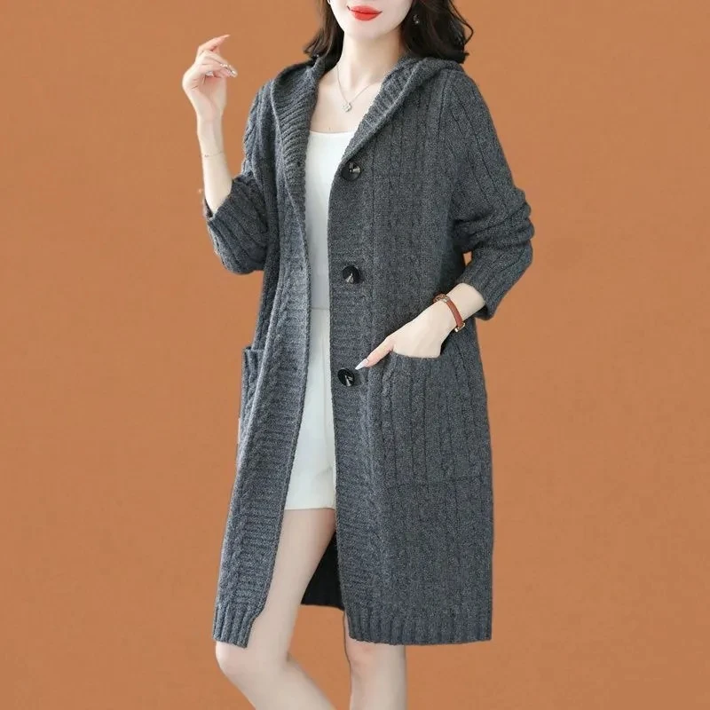 Autumn Winter Mom\'s New Woolen Coat Women\'s Long sleeved Cardigan Hooded Thickened Over Hip Loose Medium Length Sweater Beige