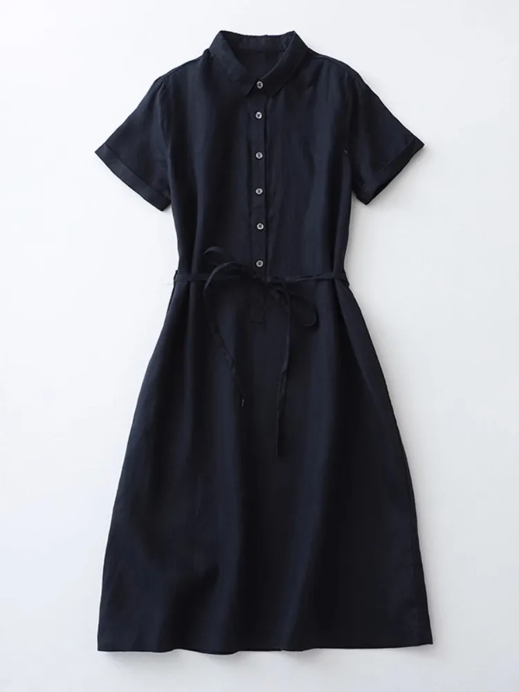 Sommer Mode Baumwolle Leinen Kleid Frauen Japan Stil Einfarbig Spitze Up Taille Einfache Grundlegende Elegante Kleid Weibliche Slim Fit Kleid