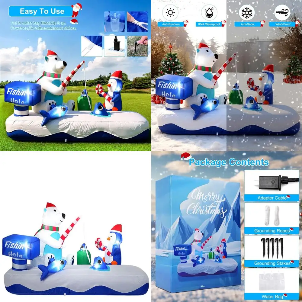 

Гигантский надувной белый медведь длиной 7 футов с рождественским декором для рыбалки пингвина, уличное праздничное украшение для двора со светодиодной подсветкой
