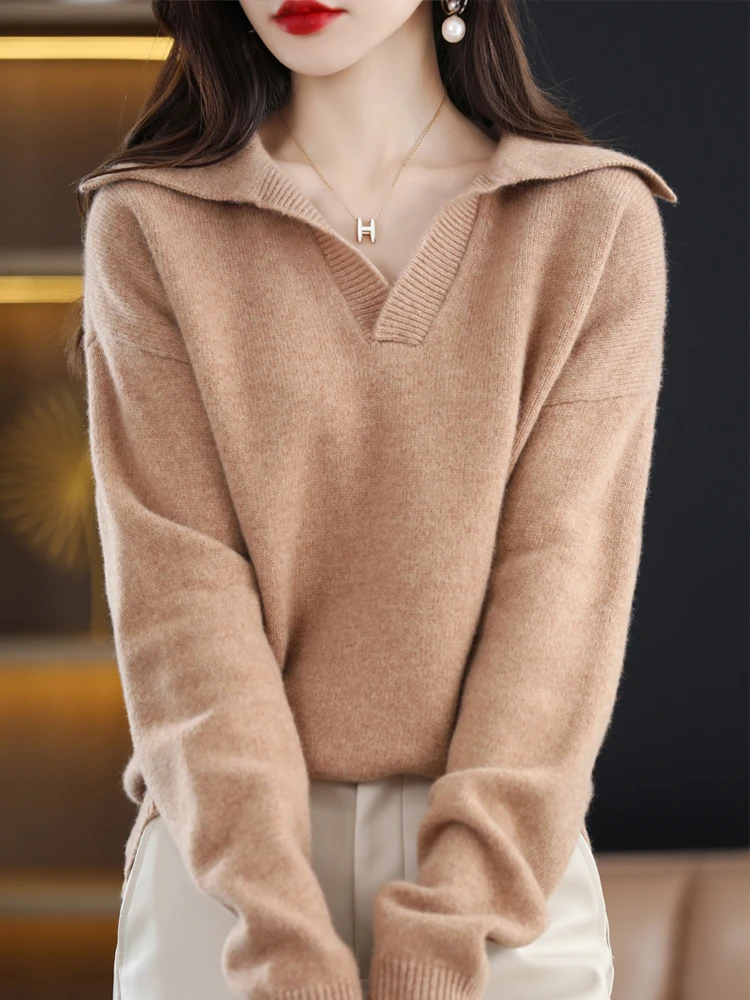 CHICUU New Fashion Women Wool Pullover Casual Loose Style Turn Down Collar Cashmere Sweater Autumn Winter 100% Merino Wool Knit