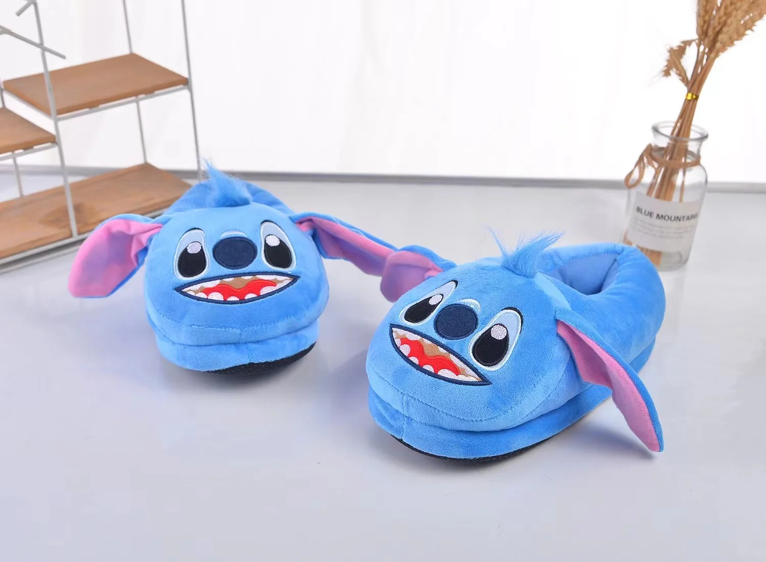 Disney Anime Stitch Winter Heel Cotton Slippers Girl Warm Cartoon Cotton Blue Pink Flats Shoes Uniform Size 35-40 Christmas Gift