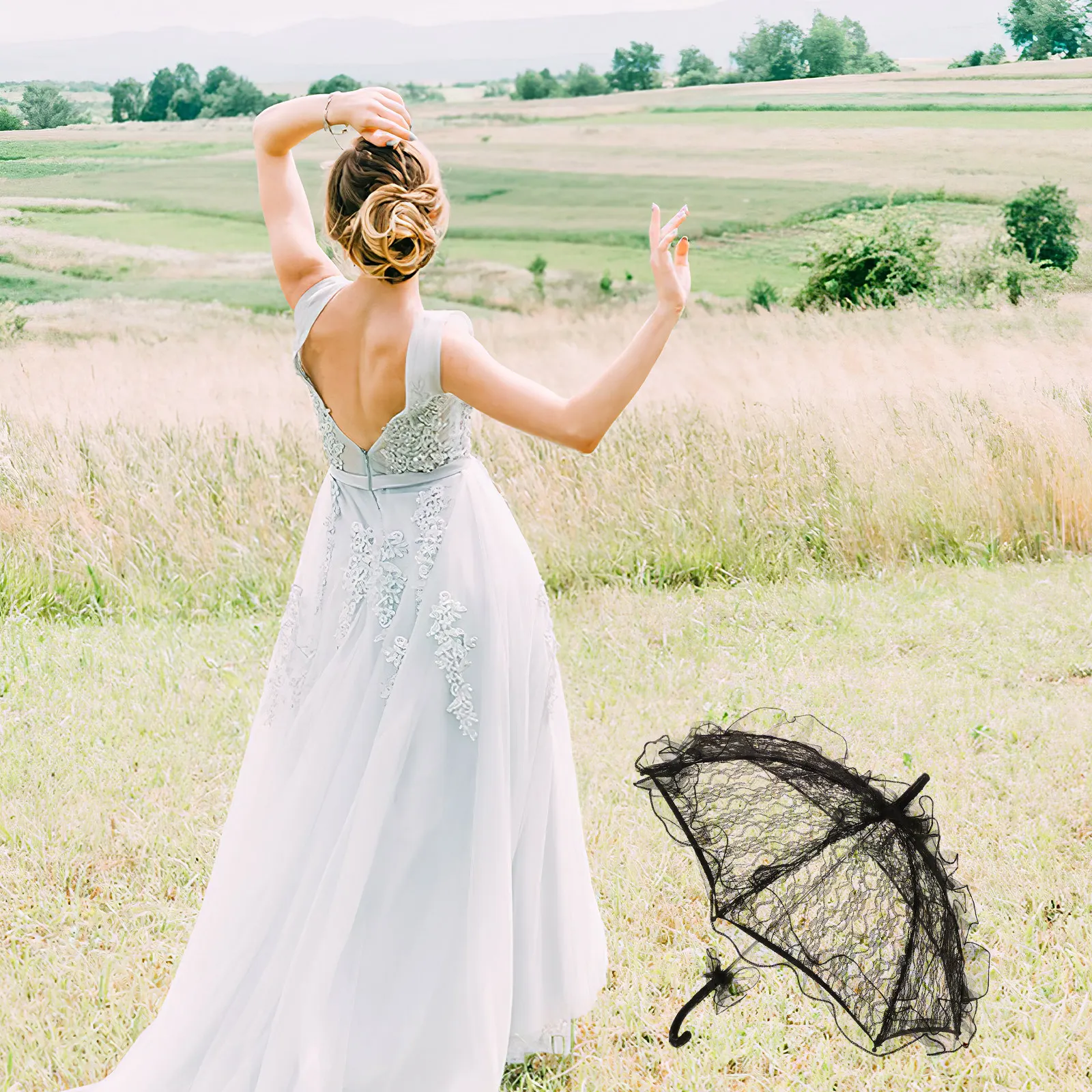 

Lace Parasol Wedding Umbrella Bridesmaid Black Lightweight Vintage Sunshade Small Size For Tea Party Dance Performance Outdoor