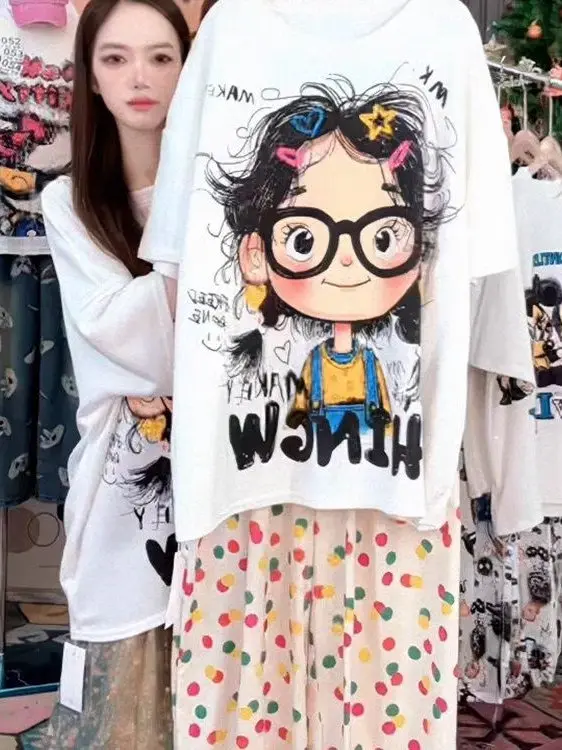 Summer 2025 Trendy Cotton ort Sve T-irt Women's Loose Fit Cartoon Print Comfortable Breathable Korean Sle round Ne