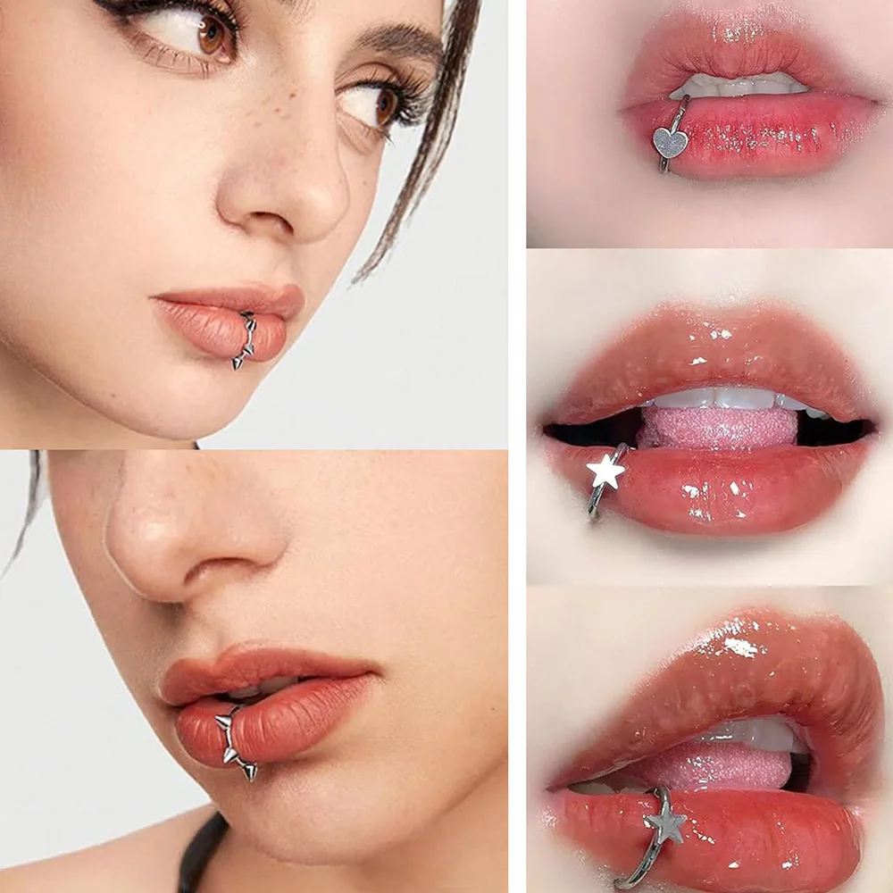 5pcs  Wholesale Grade Lip-shaped Clip Ear Nose Rings, 316L Stainless Steel No-Piercing Fake Lip Studs, Unisex Punk Body Piercin