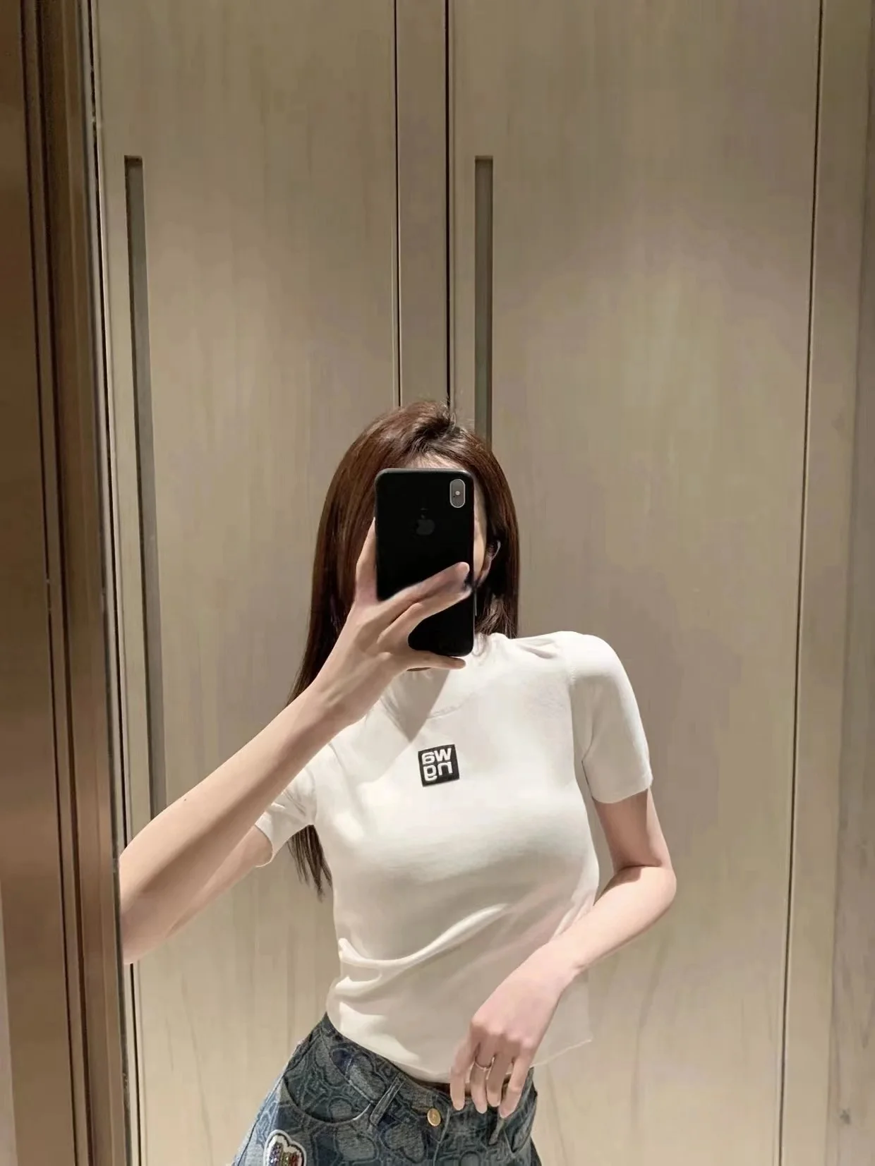 Spring 2025 New Sle Knitted ort Sve T-irt Letter Print f High Collar Slim Fit Pure Desire Sle Cotton Blend Top