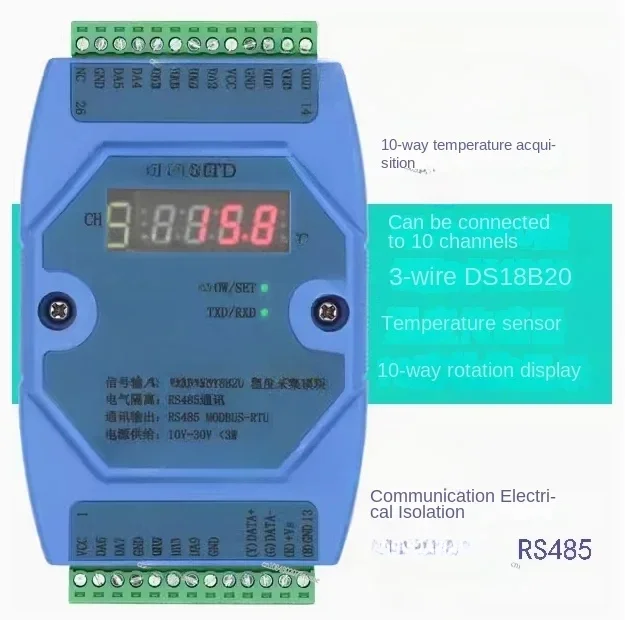 Multi-channel Temperature Monitoring: DS18B20 10-channel Temperature Acquisition Module, Support RS485 Modbus RTU