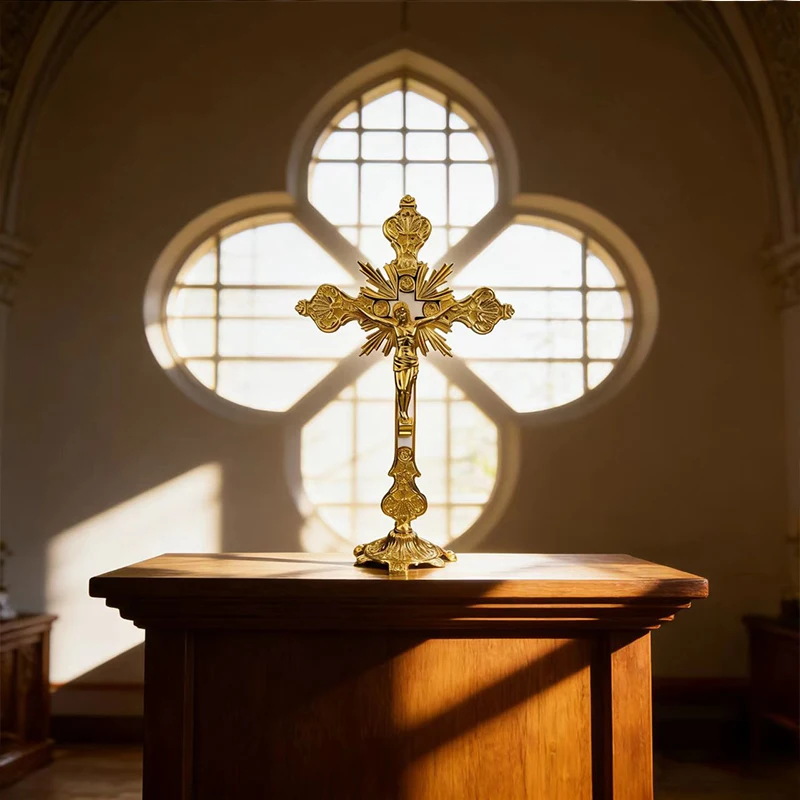 Neues 2026 Traditionelles Vergoldetes Orthodoxes Kruzifix mit INRI-Gravur, Stehendes Kreuz für Altarausstellung und Gottesdienst-Rituale, Geschenk – Detail 5