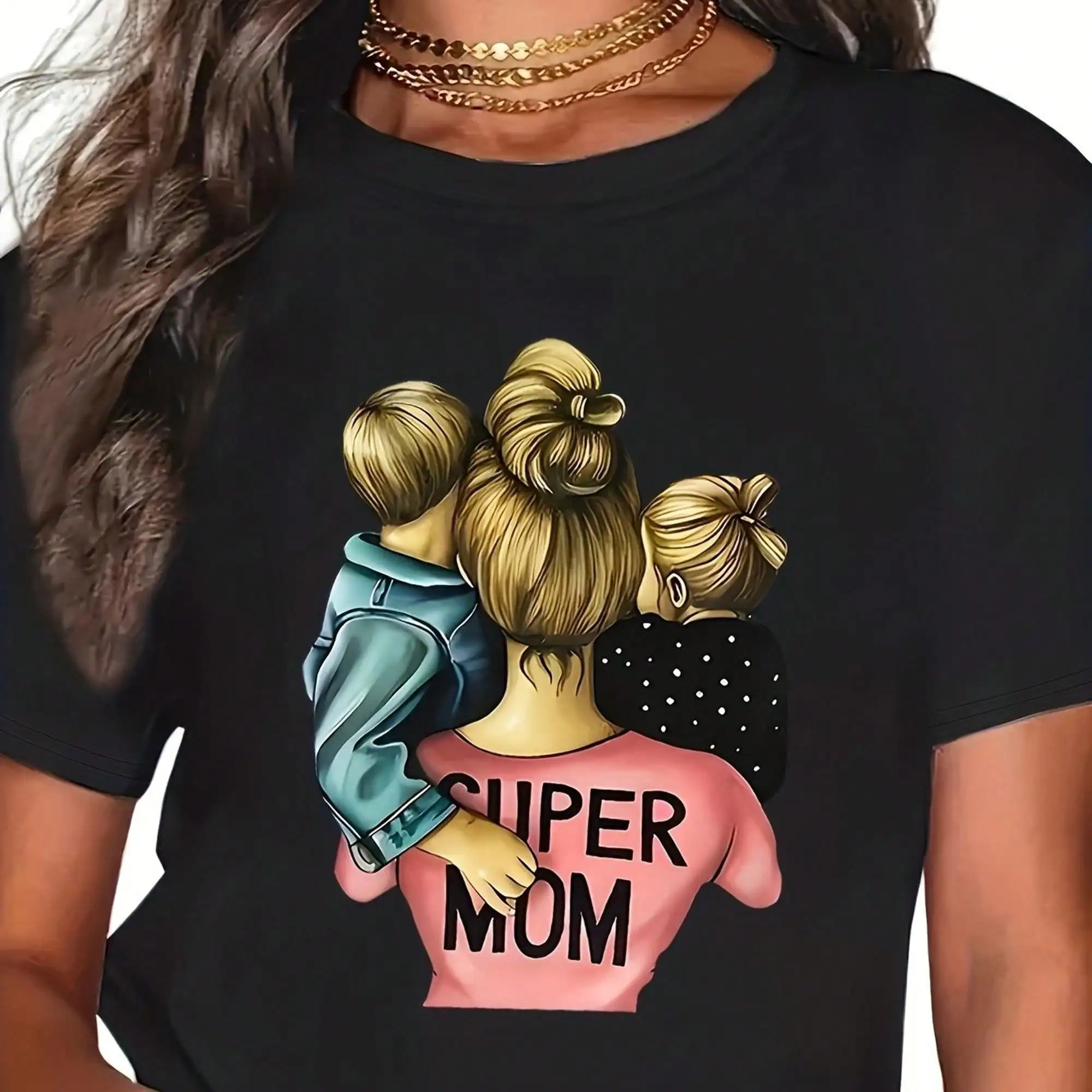 Plus Size, WomenS Mother-Daughter Graphic T-Shirt - Super Mom Applique Design With Heartwarming Family Photo Print-Like Short Sleeve Crew Neck Top Machine Washable Regular Fit Casual Summer Shirt For Moms & Daughters Matching Outfits SpringSum