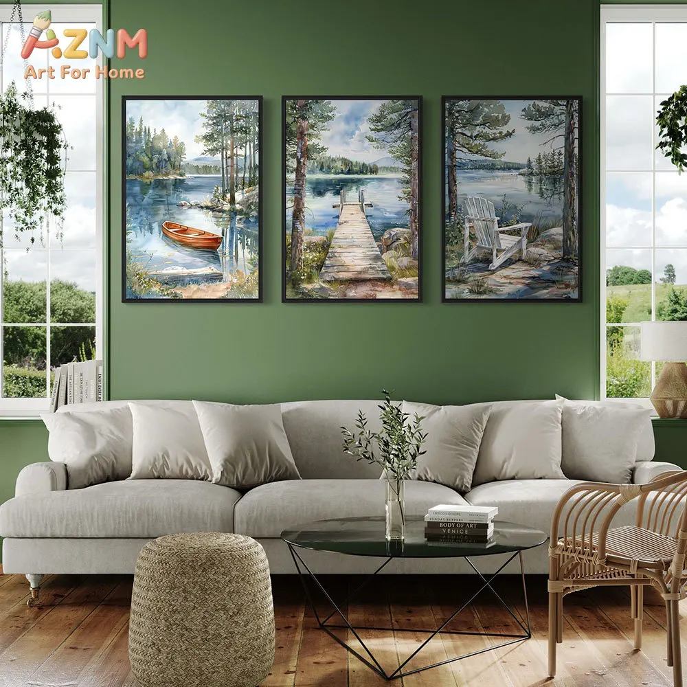AZNM Lake Forest Watercolor Canvas Wall Art Rustic Nature Landscape Boat Pier Chair Calm Countryside Unframed Home Decor Print