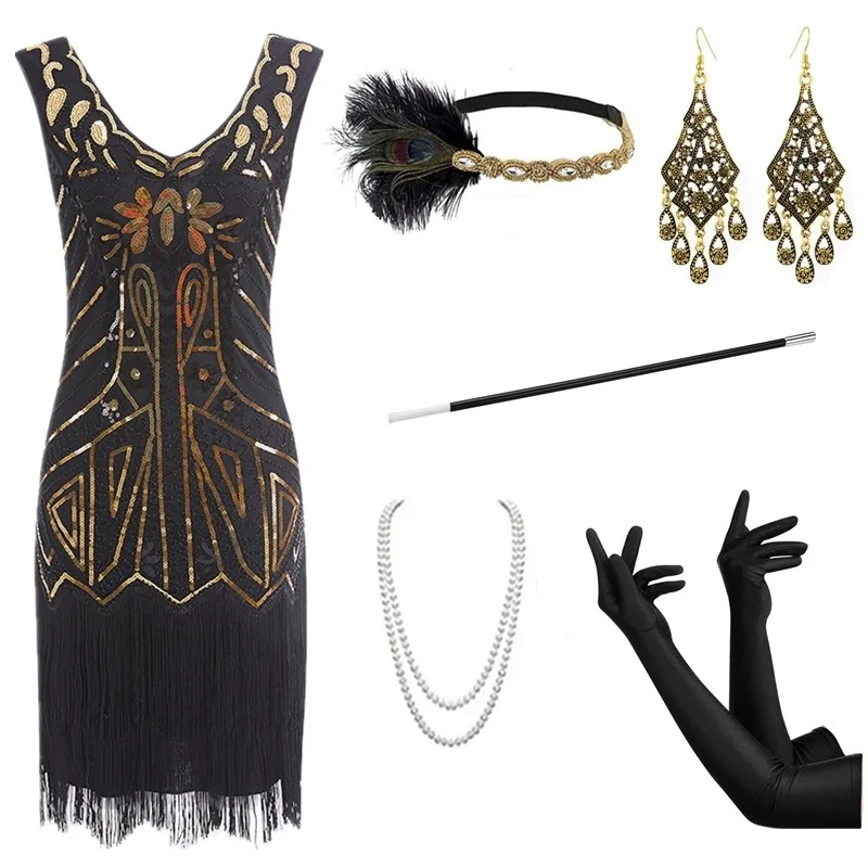 Ręcznie tkana suknia z frędzlami i cekinami w stylu vintage z lat 920, inspirowana filmami, średniej długości, z wysokim stanem, wykonana z poliestru, bez marki.