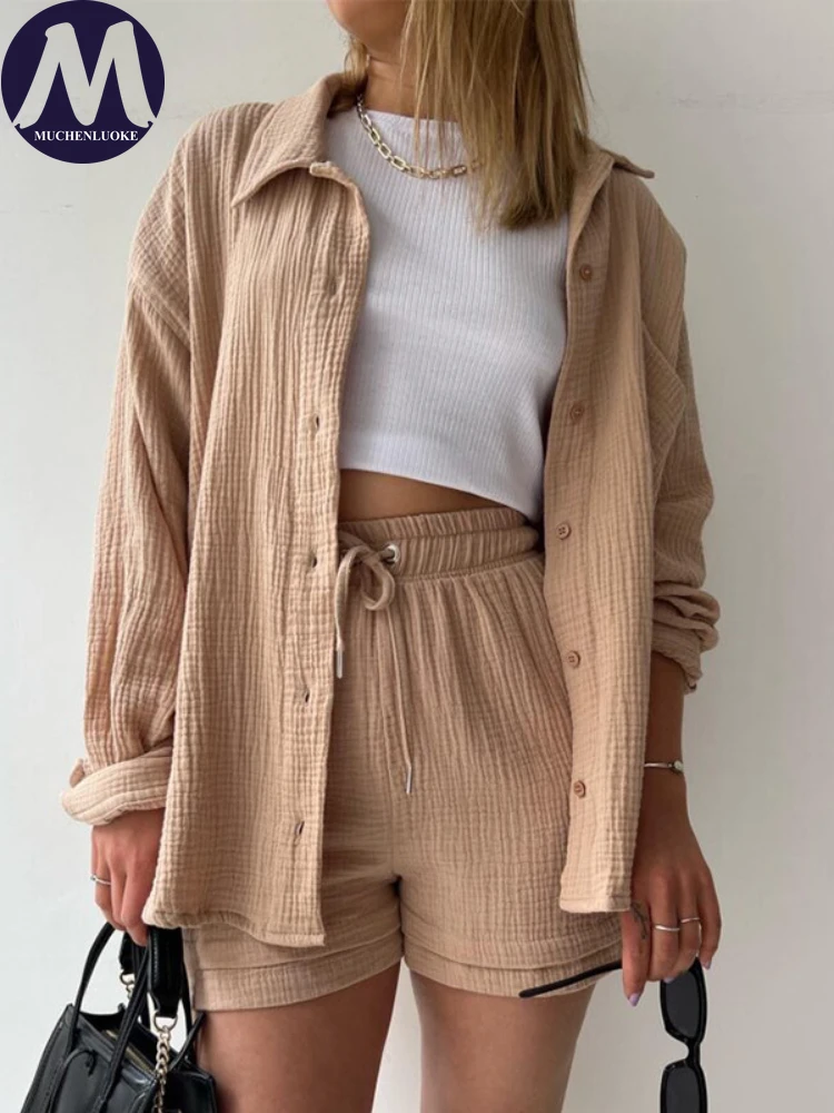 Women\'s Long Sleeve Lapel Shirt Tops and Shorts Set Loose High Waisted Drawstring Shorts, Casual Outfit Summer Fashion New 2 Pcs