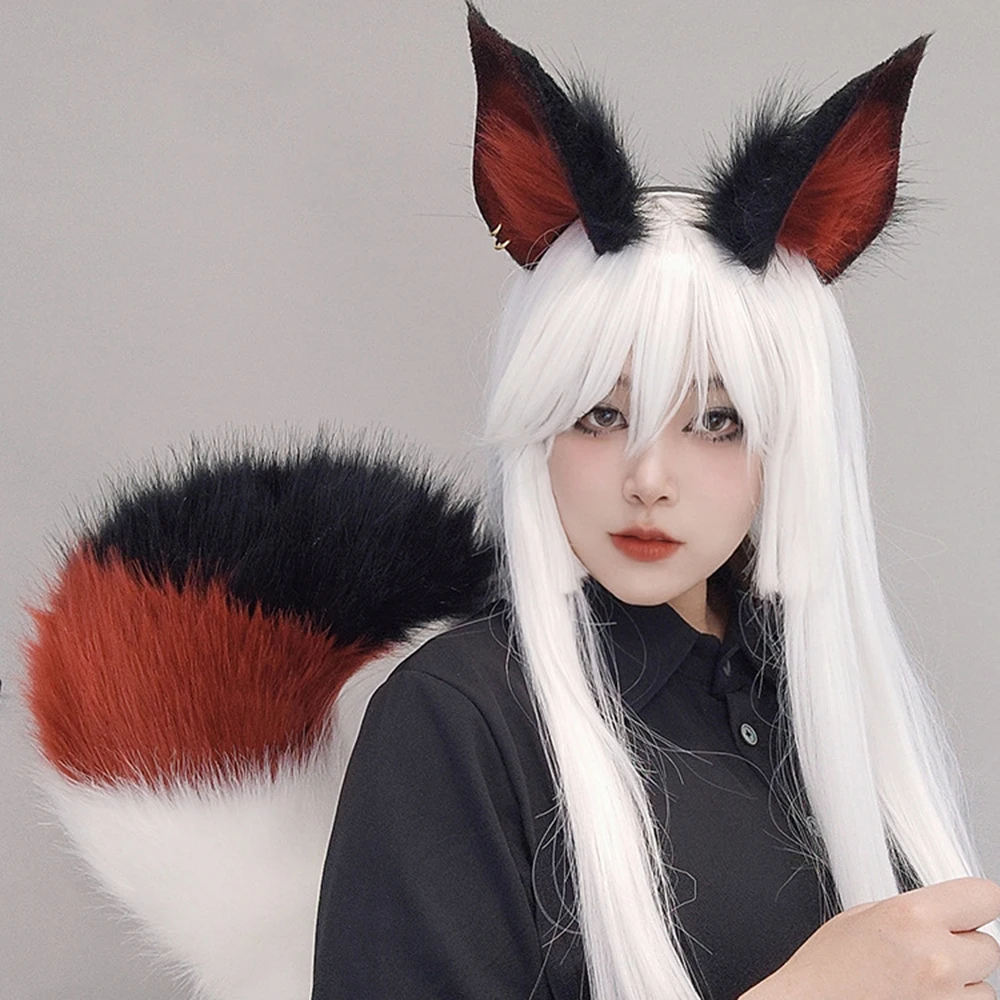 Furry Cat Ears Fox Tail Bell Set Halloween Party Accessories Lolita Simulation Fur Plush Headwear Cosplay Props