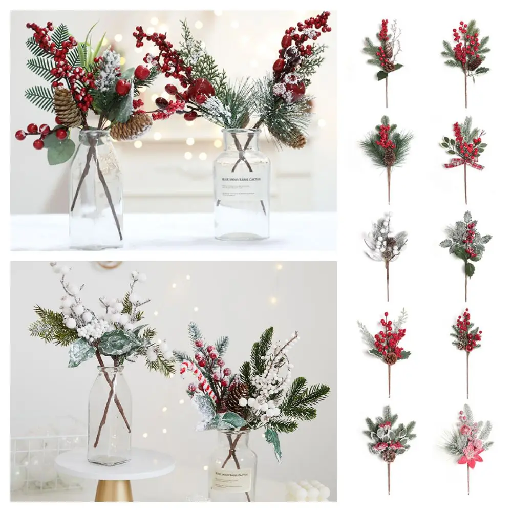 Ramos de pinheiro de natal verde e vermelho, acessórios diy, decoração de casa, simulação de bagas vermelhas, enfeites de árvore de natal, arranjo floral