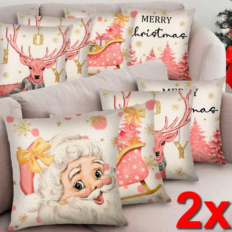 

2x Christmas Santa Claus Snowman Reindeer Throw Pillow Cases Cotton Linen Pillowcase Sofa Couch Cushion Case Xmas Decoration