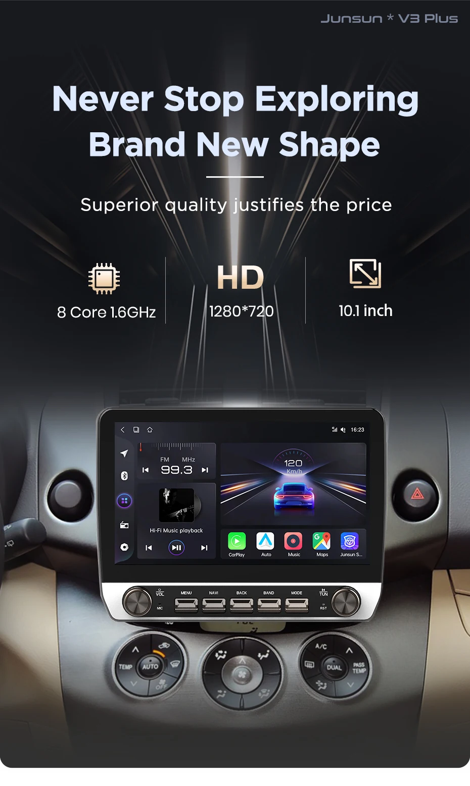 Junsun 10,1-Zoll-Autoradio für Toyota RAV4 4 2005-2013, kabelloses CarPlay, Android Auto, intelligente Systeme, IPS-Touchscreen mit physischen Tasten, DSP, GPS-Navigation, WLAN, DAB+, RDS, FM/RAM, BT, SWC, Plug-and-Play, 2DIN-Multimedia-Player – Detail 3
