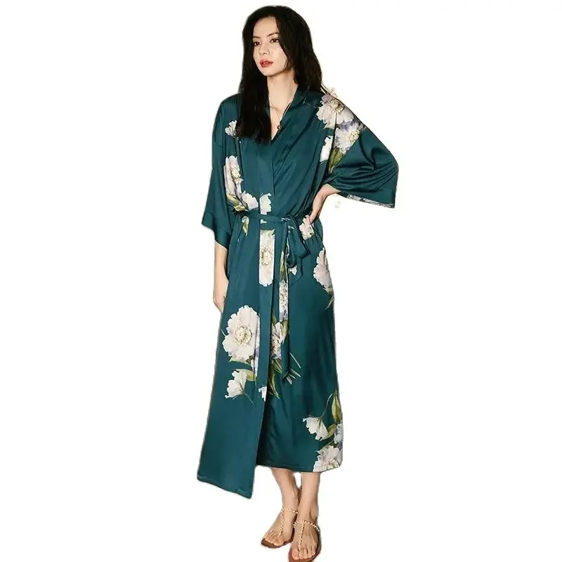 

New Satin Pajamas Women Summer Large Size Light Luxury Seven-Point Sleeve Cool Bathrobe Women'S China Style Homewear Hot Selling