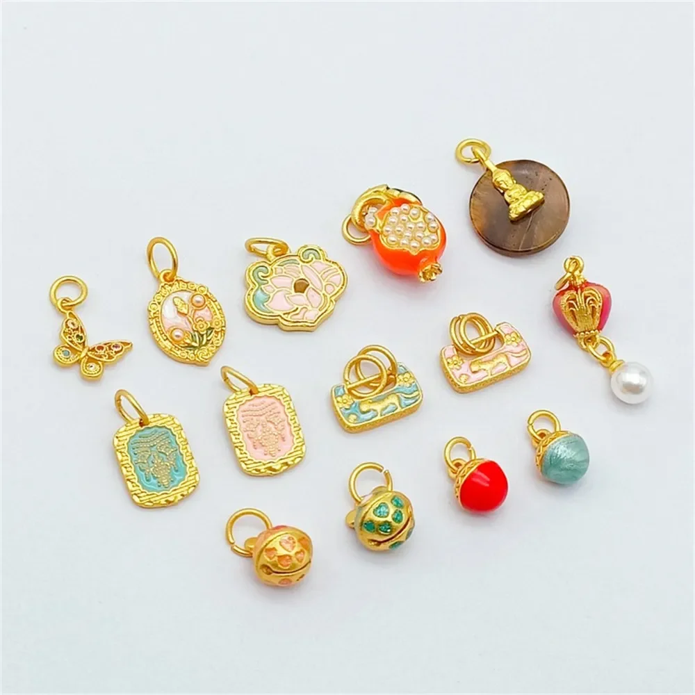

18K Sand Gold Oil Drip Bell Six-character Brand Butterfly Round Ball Small Drop Slip Pendant, DIY Handmade Bracelet Jewelry