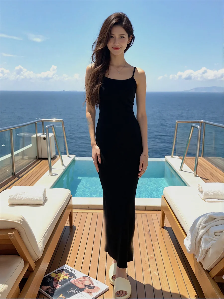 Vestido de mujer tendencia 2025 correa de espagueti ajustado verano con abertura lateral abertura alta dividida recorte agujeros huecos