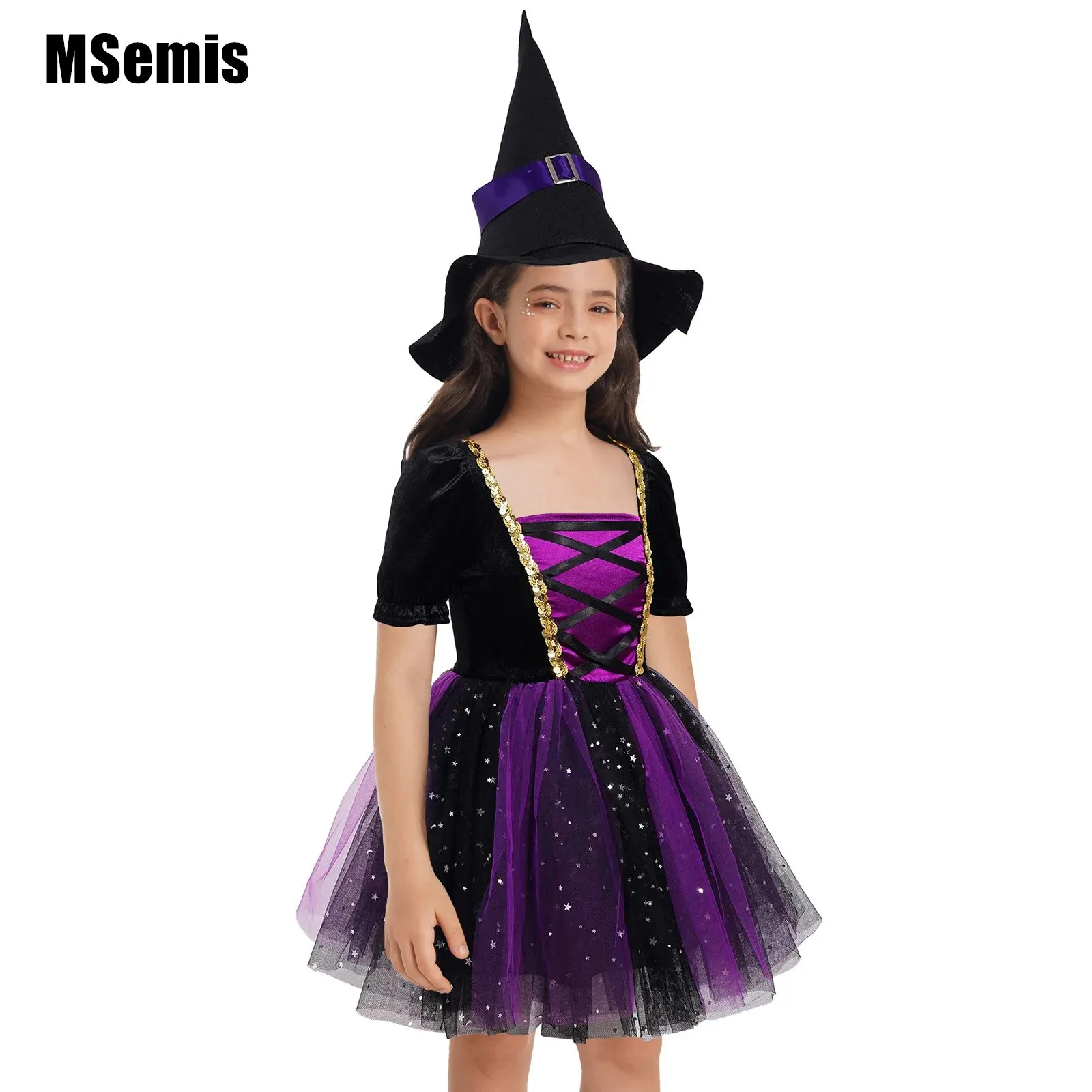 Kids Girls Witch Halloween Cosplay Costume Set Short Bubble Sleeve Glittery Mesh Tutu Dress with Pointed Hat for Performance