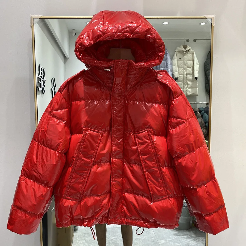 Glossy Short Puffer Jacket Korean Hooded Shiny Down Jackets Solid Colors Drawstring Long Sleeve Winter Parkas Female Coat