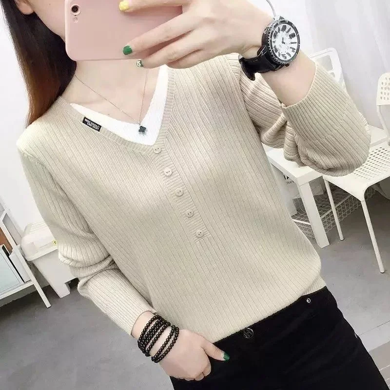 

Свободный утягивающий вязаный свитер V-Ne, базовый слой, топ для женщин, осенне-зимний сезон, модный, искусственный, из двух предметов, восьминадцать...