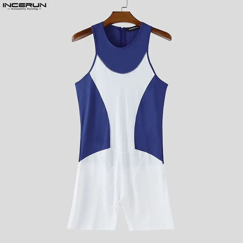 

INCERUN Men Bodysuits Patchwork Color-block O-neck Sleeveless Male Playsuits Workout Rompers Streetwear Fashion Casual Bodysuit