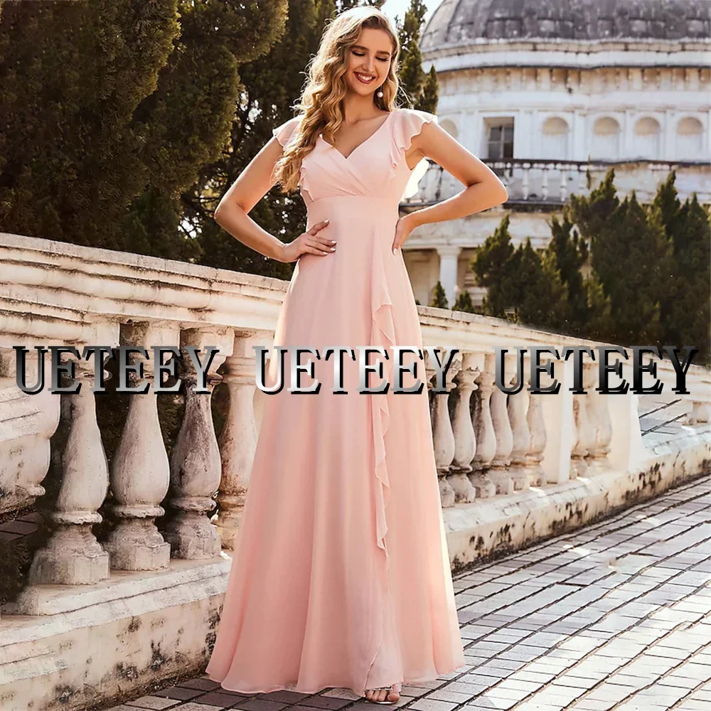 Robe de demoiselle d'honneur trapèze rose personnalisée, col en V, sans manches, à volants, en mousseline de soie, longueur au sol, robes de soirée de mariage pour femmes