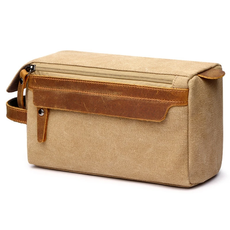 Cosmetic Bag for Men Travel Toiletry Bag Canvas Leather Makeup Shaving Storage Pouch with Side Handle Grip Bag Khaki