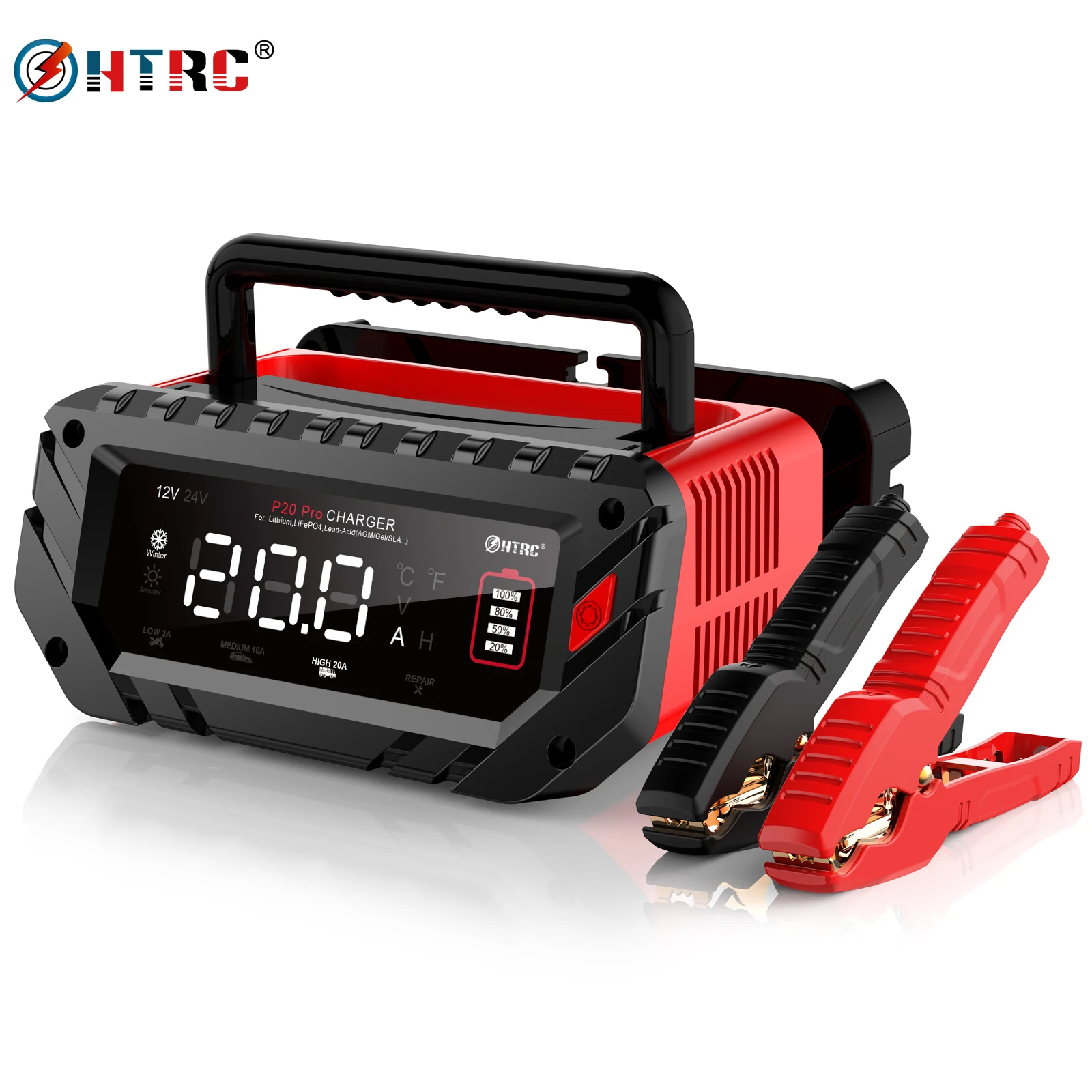 

HTRC Pro 20A 12V/24V 10A Fully Automatic Car Battery Charger for AGM GEL LiFePO4 Lead Acid Lithium Battery Pulse Repair Charging