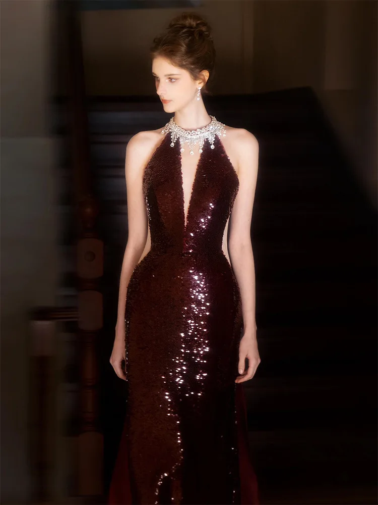 Sequined Toast Dress for Wine Red Engagement Banquet Temperament Long Halter-Style Heavy Work Fishtail Evening Women