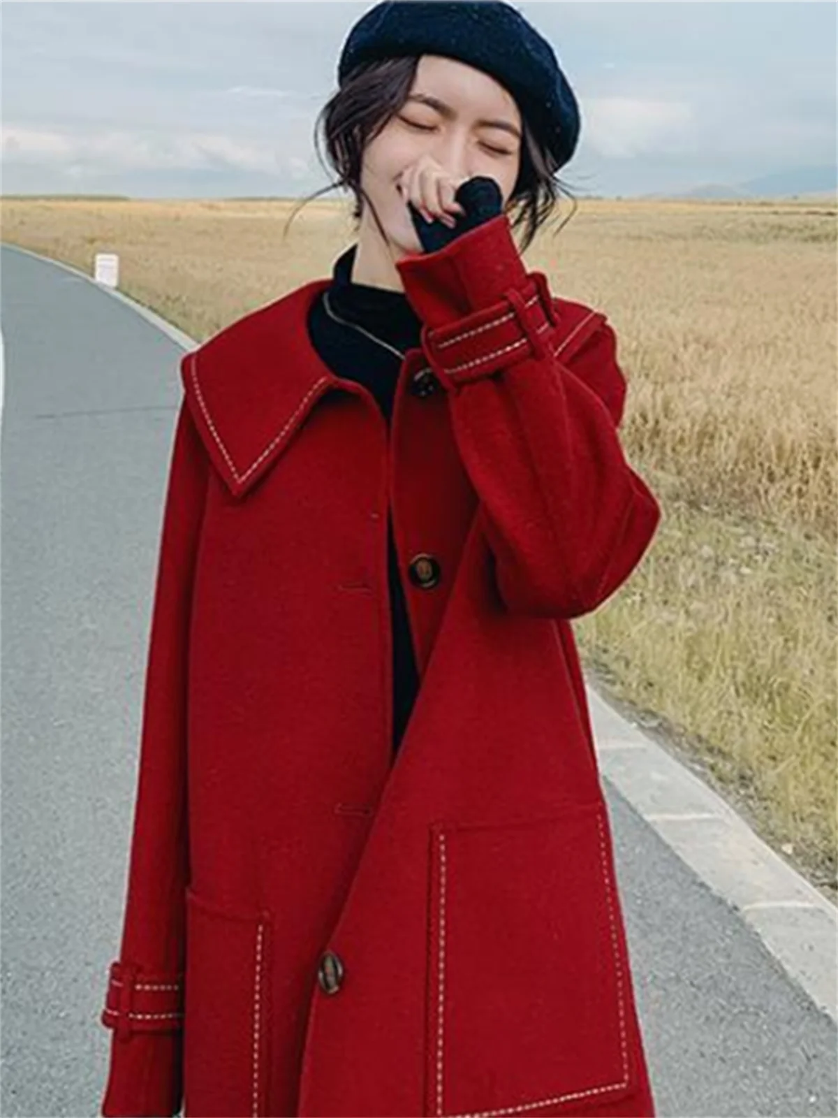 Autunno e inverno 2022 nuova versione coreana di famose signore piccola fragranza medio lungo cappotto di lana rosso Double face Cashmere