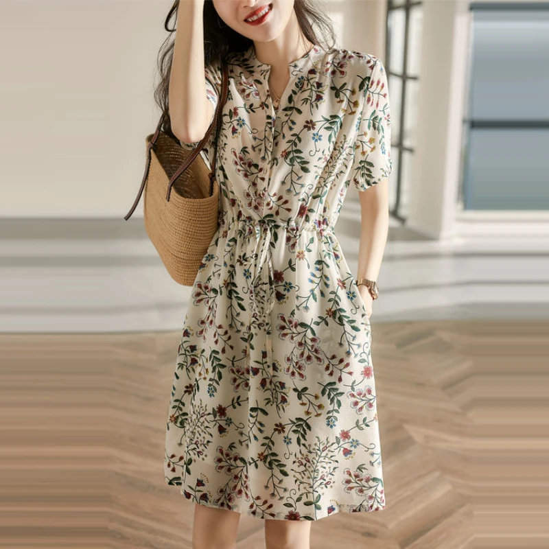 2021 New Ladies Short Sleeve Printed Drawstring Lace Chiffon Fashion Chic Floral Ladies Mini Dress Gothic Vestidos dress D153