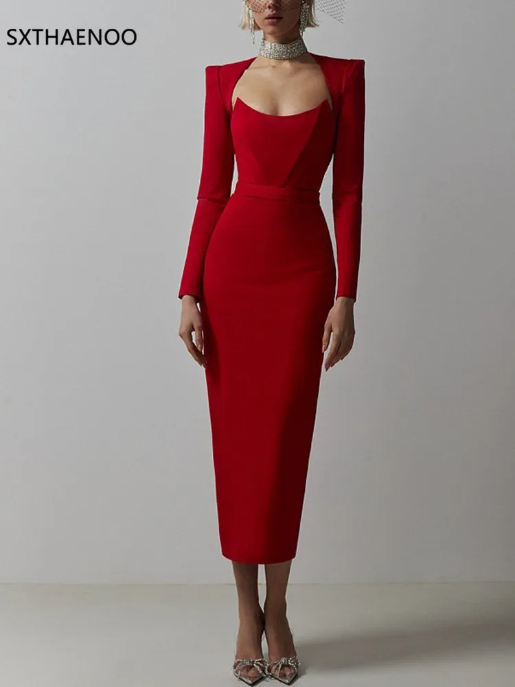 SXTHAENOO Frauen Winter Sexy Langarm V-ausschnitt Rosa Schwarz Weiß Midi Verband Kleid 2025, Elegante Abend Club Party Kleid