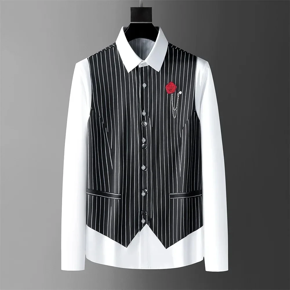 Men's Shirt Fake Two-Piece British Style Shirt Slim Fit Business Casual Long-Sleeved Shirt Social Gathering Uniform Fashion 2027