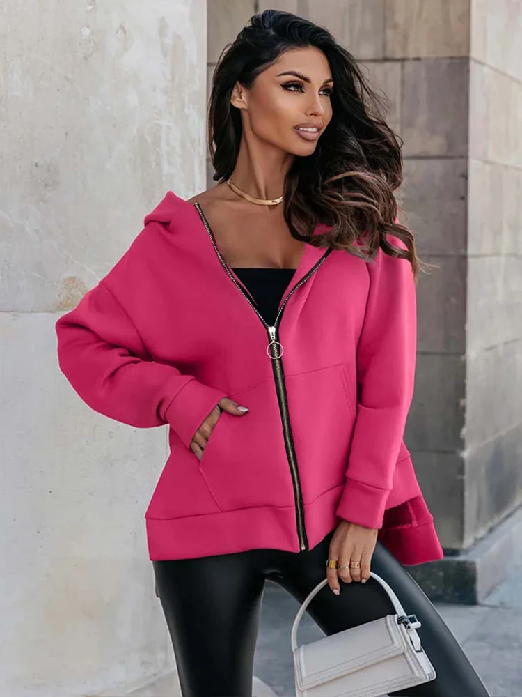 Felpa con cappuccio da donna a maniche lunghe con tasche con zip solide casual nuova autunno inverno, top capispalla larghi, felpa basic da donna