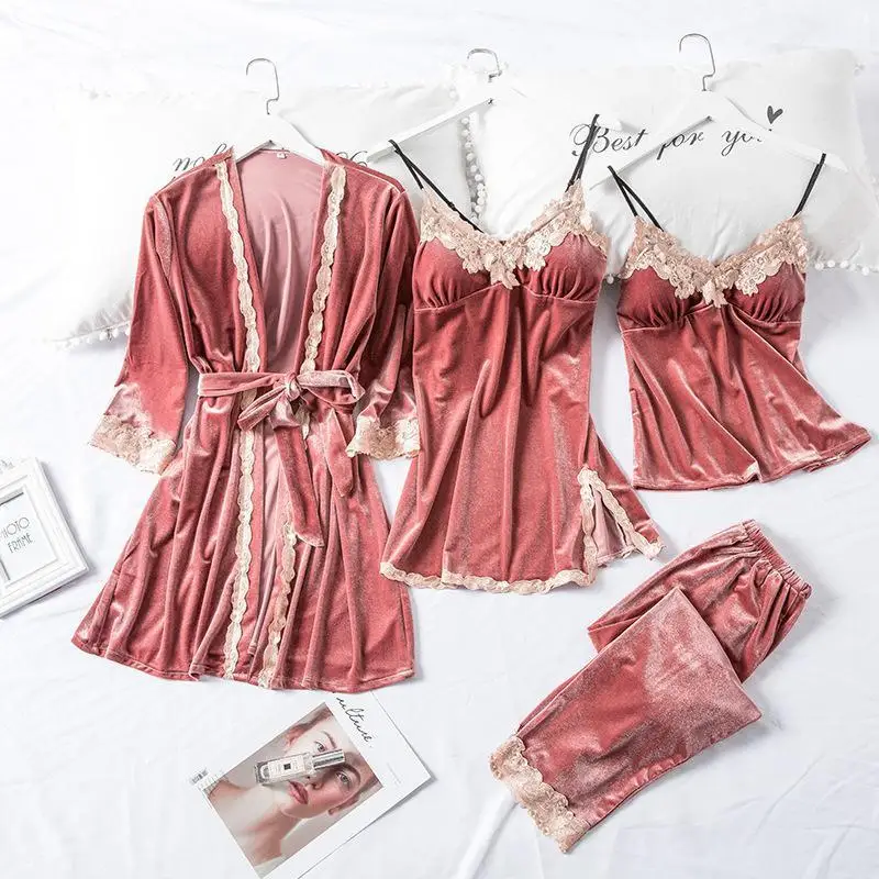 Velour Woman Pajamas Set Home Wear Strap Top Pants Sleepwear Suit Nightgown Sexy Lace Kimono Sleep Robe Bath Gown Nightdress