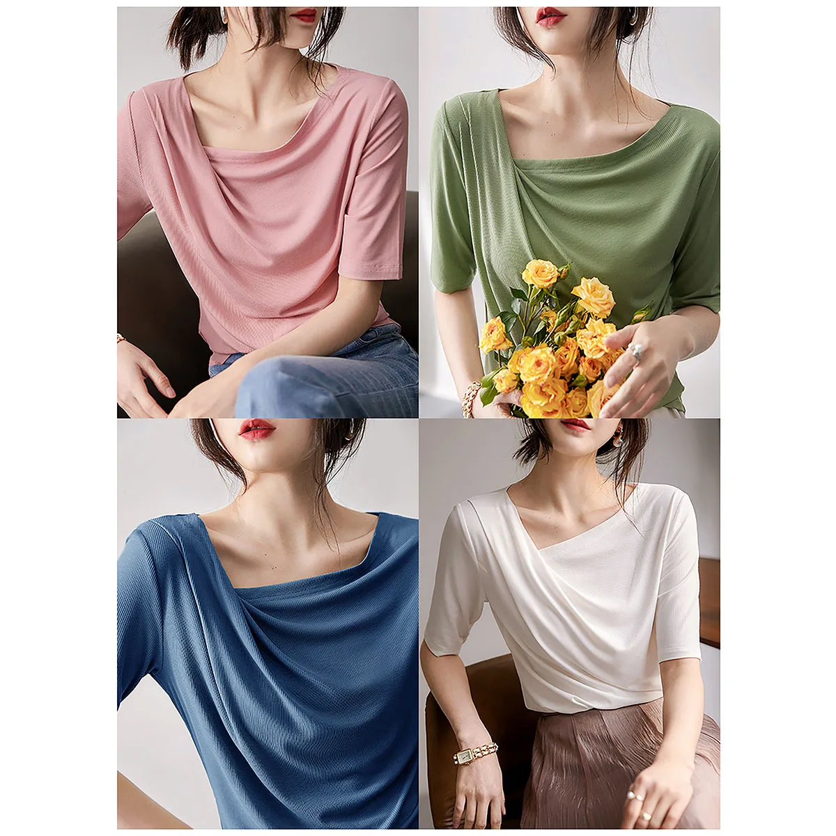 Birdtree Real Silk Blend Women Solid T-Shirt Skew Collar Shirring Asymmetrical Basics Tee 2023 Summer Autumn Ribs Tops T38673QM